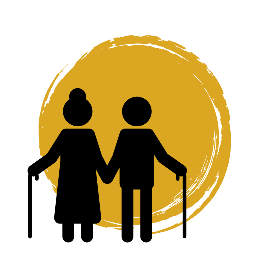 stick figure of an old couple with canes holding hands
