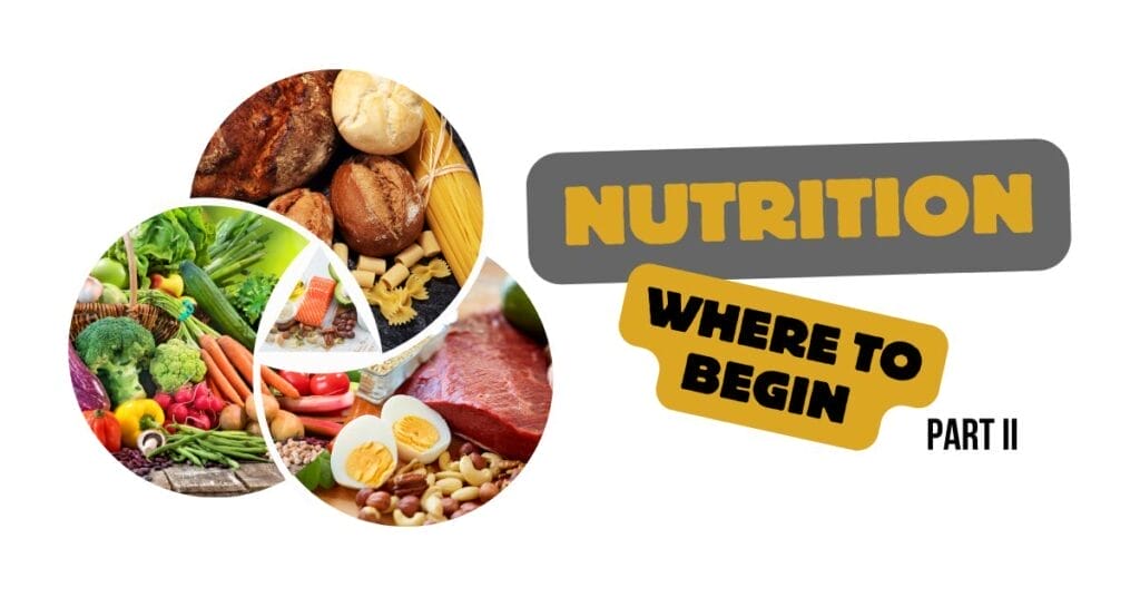 Nutrition – Where to Begin Part 2 1 A group of 3 circular photos of different food groups with the title Nutrition-Where to Begin Part 2